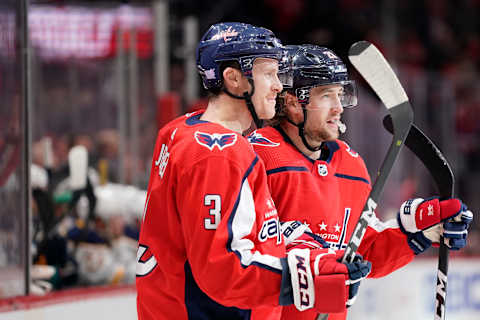 WASHINGTON, DC – NOVEMBER 01: Brendan Leipsic #28 of the Washington Capitals celebrates with Nick Jensen #3 after scoring a goal in the first period against the Buffalo Sabres at Capital One Arena on November 1, 2019 in Washington, DC. (Photo by Patrick McDermott/NHLI via Getty Images)