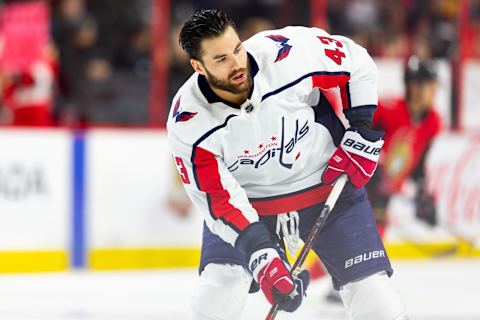 OTTAWA, ON – JANUARY 31: Washington Capitals Right Wing Tom Wilson (43) during warm-up before National Hockey League action between the Washington Capitals and Ottawa Senators on January 31, 2020, at Canadian Tire Centre in Ottawa, ON, Canada. (Photo by Richard A. Whittaker/Icon Sportswire via Getty Images)