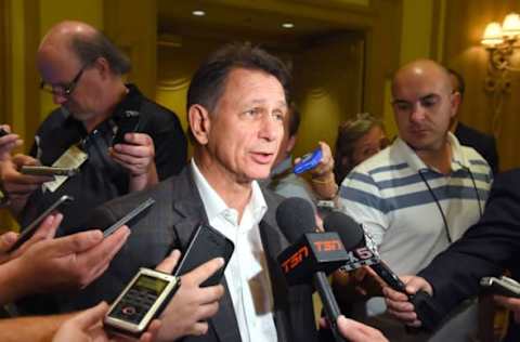 LAS VEGAS, NV – JUNE 23: Detroit Red Wings general manager Ken Holland meets with the media following the NHL general managers meetings at the Bellagio Las Vegas on June 23, 2015 in Las Vegas, Nevada. (Photo by Brian Babineau/NHLI via Getty Images)