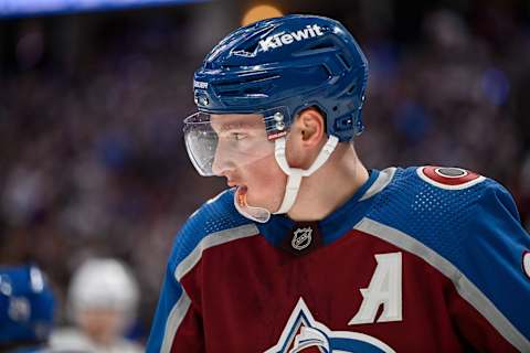 DENVER, COLORADO – APRIL 18: Cale Makar #8 of the Colorado Avalanche   (Photo by Dustin Bradford/Getty Images)