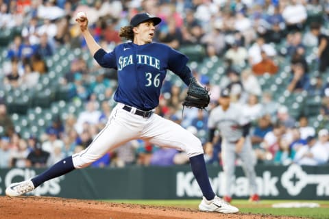 Jul 17, 2023; Seattle, Washington, USA; Seattle Mariners starting pitcher Logan Gilbert (36) throws against the Minnesota Twins during the fourth inning at T-Mobile Park. Mandatory Credit: Joe Nicholson-USA TODAY Sports