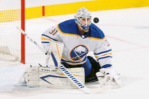 SUNRISE, FL – APRIL 8: Goaltender Dustin Tokarski #31 of the Buffalo Sabres defends the net against the Florida Panthers at the FLA Live Arena on April 8, 2022 in Sunrise, Florida. (Photo by Joel Auerbach/Getty Images)