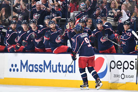 COLUMBUS, OH – MAY 2: Artemi Panarin #9 of the Columbus Blue Jackets high-fives his teammates after scoring a goal during the first period in Game Four of the Eastern Conference Second Round against the Boston Bruins during the 2019 NHL Stanley Cup Playoffs on May 2, 2019, at Nationwide Arena in Columbus, Ohio. (Photo by Jamie Sabau/NHLI via Getty Images)