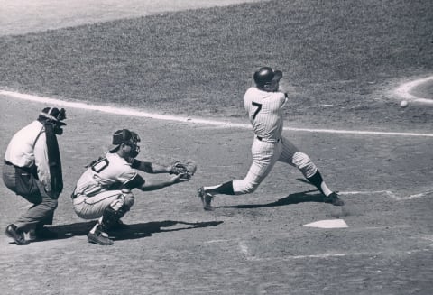 UNSPECIFIED – UNDATED: Mickey Mantle showing off his batting style at Yankee Stadium in this undated photo. (Photo by Sports Studio Photos/Getty Images)