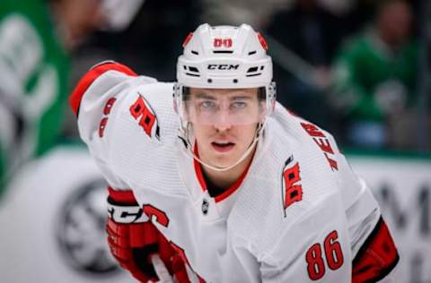 Feb 11, 2020; Dallas, Texas, USA; Carolina Hurricanes left wing Teuvo Teravainen (86) in action during the game between the Stars and the Hurricanes at the American Airlines Center. Mandatory Credit: Jerome Miron-USA TODAY Sports