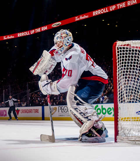 TORONTO, ON – FEBRUARY 21: Braden Holtby #70 of the Washington Capitals stands in net against the Toronto Maple Leafs during the third period at the Scotiabank Arena on February 21, 2019 in Toronto, Ontario, Canada. (Photo by Mark Blinch/NHLI via Getty Images)