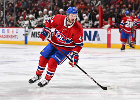 MONTREAL, QC – APRIL 19: Joel Edmundson #44 of the Montreal Canadiens skates against the Minnesota Wild during the third period at Centre Bell on April 19, 2022 in Montreal, Canada. The Minnesota Wild defeated the Montreal Canadiens 2-0. (Photo by Minas Panagiotakis/Getty Images)