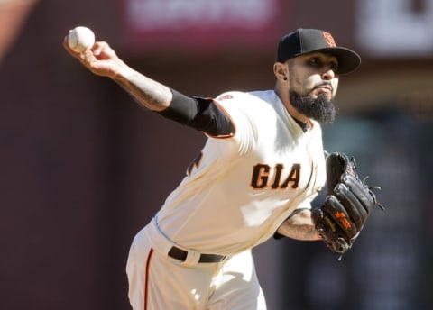 Oct 1, 2016; San Francisco, CA, USA; San Francisco Giants relief pitcher Sergio Romo (54) delivers a pitch during the ninth inning against the Los Angeles Dodgers at AT&T Park. Mandatory Credit: Neville E. Guard-USA TODAY Sports