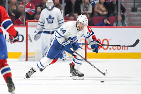 MONTREAL, QUEBEC – OCTOBER 26: Morgan Rielly #44 of the Toronto Maple Leafs (Photo by Stephane Dube /Getty Images)