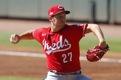 ATLANTA, GA – SEPTEMBER 30: Trevor Bauer #27 of the Cincinnati Reds pitches in the second inning of Game One of the National League Wild Card Series against the Cincinnati Reds at Truist Park on September 30, 2020 in Atlanta, Georgia. (Photo by Todd Kirkland/Getty Images)