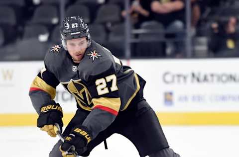 LAS VEGAS, NV – SEPTEMBER 28: Shea Theodore #27 of the Vegas Golden Knights skates with the puck during a preseason game against the Colorado Avalanche at T-Mobile Arena on September 28, 2017, in Las Vegas, Nevada. (Photo by David Becker/NHLI via Getty Images)