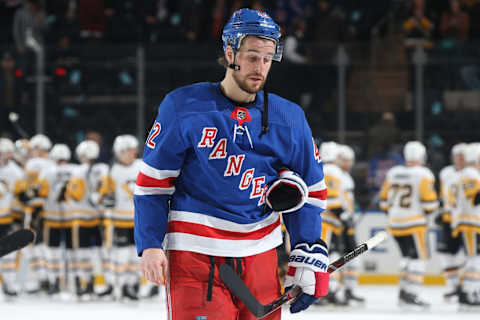 NEW YORK, NY – MARCH 25: Brendan Smith #42 of the New York Rangers looks on after his team is defeated by the Pittsburgh Penguins at Madison Square Garden on March 25, 2019 in New York City. (Photo by Jared Silber/NHLI via Getty Images)