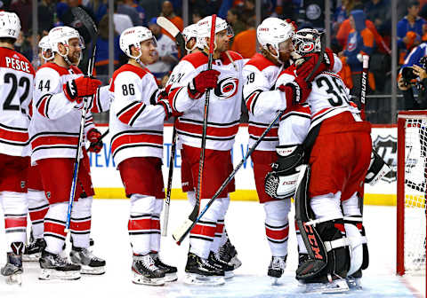 NEW YORK, NEW YORK – APRIL 28: Curtis McElhinney #35 is congratulated by his teammates after their 2-1 win over the New York Islanders in Game Two of the Eastern Conference Second Round during the 2019 NHL Stanley Cup Playoffs at Barclays Center on April 28, 2019 in New York City. (Photo by Mike Stobe/NHLI via Getty Images)