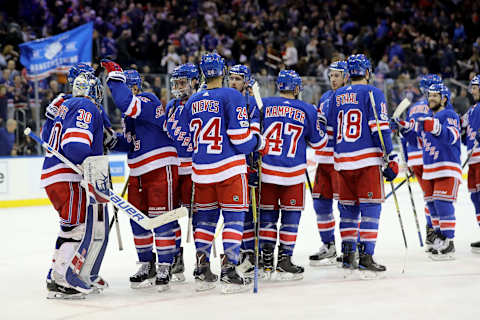 NEW YORK, NY – NOVEMBER 11: The New York Rangers celebrate their 4-2 win against the Edmonton Oilers at Madison Square Garden on November 11, 2017 in New York City. (Photo by Abbie Parr/Getty Images)