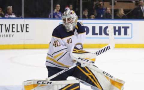 NEW YORK, NEW YORK – FEBRUARY 07: Carter Hutton #40 of the Buffalo Sabres skates against the New York Rangers at Madison Square Garden on February 07, 2020 in New York City. The Sabres defeated the Rangers 3-2. (Photo by Bruce Bennett/Getty Images)