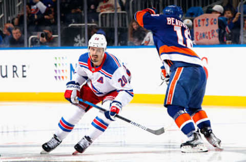 ELMONT, NEW YORK – OCTOBER 08: Chris Kreider #20 of the New York Rangers skates against the New York Islanders at the UBS Arena on October 08, 2022, in Elmont, New York. (Photo by Bruce Bennett/Getty Images)