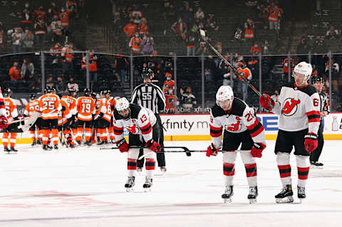 Nico Hischier, Damon Severson and Jesper Bratt of the New Jersey Devils (Photo by Bruce Bennett/Getty Images)