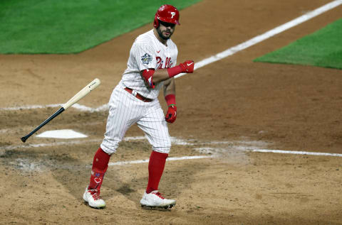 PHILADELPHIA, PENNSYLVANIA – NOVEMBER 01: Kyle Schwarber #12 of the Philadelphia Phillies reacts after hitting a two-run home run against the Houston Astros during the fifth inning in Game Three of the 2022 World Series at Citizens Bank Park on November 01, 2022 in Philadelphia, Pennsylvania. (Photo by Al Bello/Getty Images)