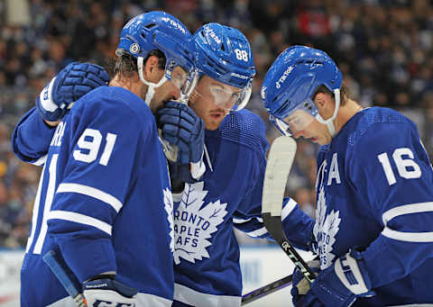 TORONTO, ON – OCTOBER 13: John Tavares #91, William Nylander #88, and Mitchell Marner #16 of the Toronto Maple Leafs . (Photo by Claus Andersen/Getty Images)