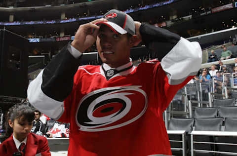 LOS ANGELES, CA – JUNE 26: Austin Levi reacts after being drafted in the third round by the Carolina Hurricanes during day two of the 2010 NHL Entry Draft at Staples Center on June 26, 2010 in Los Angeles, California. (Photo by Bruce Bennett/Getty Images)