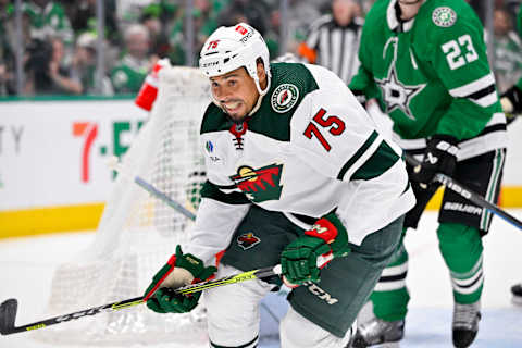 Apr 17, 2023; Dallas, Texas, USA; Minnesota Wild right wing Ryan Reaves (75) . Mandatory Credit: Jerome Miron-USA TODAY Sports