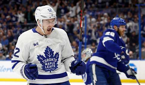 TAMPA, FLORIDA – APRIL 22: Noel Acciari #52 of the Toronto Maple Leafs   (Photo by Mike Ehrmann/Getty Images)