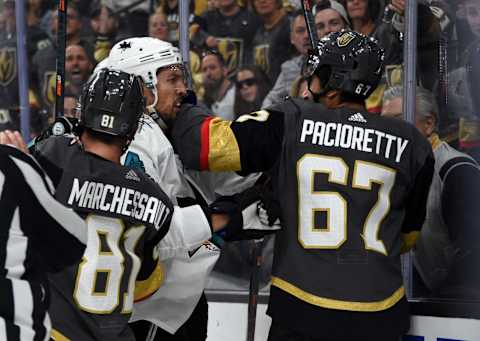 LAS VEGAS, NEVADA – SEPTEMBER 29: Vegas Golden Knights and San Jose Sharks players fight during the third period at T-Mobile Arena on September 29, 2019 in Las Vegas, Nevada. (Photo by David Becker/NHLI via Getty Images)