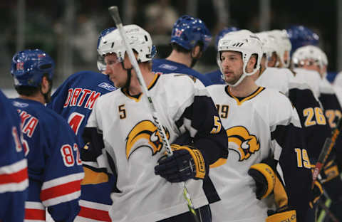 NEW YORK – MAY 6: Tim Connolly #19 of the Buffalo Sabres and his teammates shake hands with the New York Rangers after elimintating them in Game 6 of the Eastern Conference Semifinals during the 2007 NHL Stanley Cup Playoffs on May 6, 2007 at Madison Square Garden in New York City. The Sabres defeated the Rangers 5-4. (Photo by Bruce Bennett/Getty Images)