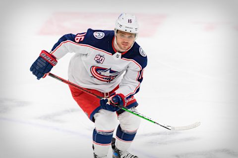 Mar 6, 2021; Dallas, Texas, USA; Columbus Blue Jackets center Max Domi (16) in action during the game between the Dallas Stars and the Columbus Blue Jackets at the American Airlines Center. Mandatory Credit: Jerome Miron-USA TODAY Sports