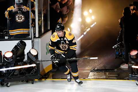 BOSTON, MA – OCTOBER 12: Boston Bruins center David Backes (42) is introduced for the home opener before a game between the Boston Bruins and the New Jersey Devils on October 12, 2019, at TD Garden in Boston, Massachusetts. (Photo by Fred Kfoury III/Icon Sportswire via Getty Images)