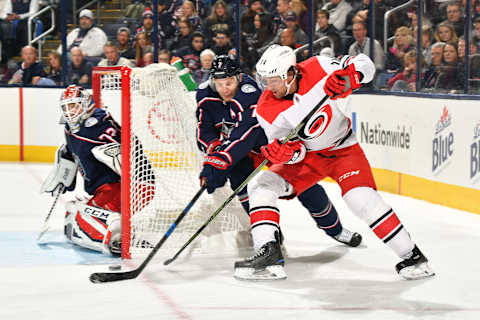 COLUMBUS, OH – NOVEMBER 10: Justin Williams #14 of the Carolina Hurricanes shoots the puck past Jack Johnson #7 of the Columbus Blue Jackets as goaltender Sergei Bobrovsky #72 of the Columbus Blue Jackets defends the net during the second period of a game on November 10, 2017 at Nationwide Arena in Columbus, Ohio. (Photo by Jamie Sabau/NHLI via Getty Images)