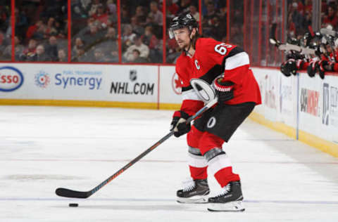 OTTAWA, ONT: Erik Karlsson #65 of the Ottawa Senators skates against the Anaheim Ducks at Canadian Tire Centre on February 1, 2018. (Photo by Andre Ringuette/NHLI via Getty Images)