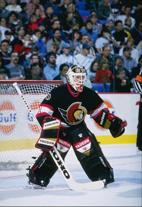 29 Nov 1996: Goaltender Damian Rhodes of the Ottawa Senators looks on during a game against the Buffalo Sabres at the Marine Midland Arena in Buffalo, New York. The Sabres won the game, 3-0.