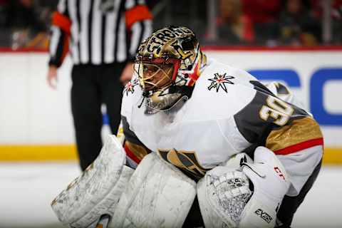 NEWARK, NJ – DECEMBER 3: Malcolm Subban #30 of the Vegas Golden Knights defends his net against the New Jersey Devils during the game at the Prudential Center on December 3, 2019 in Newark, New Jersey. (Photo by Andy Marlin/NHLI via Getty Images)”n”n”n”n”n