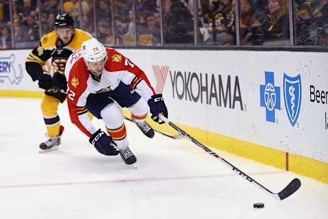 BOSTON, MA – MARCH 31: Alex Petrovic #72 of the Florida Panthers reaches for the puck during the third period at TD Garden on March 31, 2015 in Boston, Massachusetts. The Bruins defeat the Panthers 3-2. (Photo by Maddie Meyer/Getty Images)