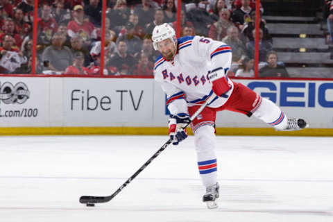 OTTAWA, ON – APRIL 27: Dan Girardi #5 of the New York Rangers shoots the puck against the Ottawa Senators in Game One of the Eastern Conference Second Round during the 2017 NHL Stanley Cup Playoffs at Canadian Tire Centre on April 27, 2017 in Ottawa, Ontario, Canada. (Photo by Jana Chytilova/Freestyle Photography/Getty Images)