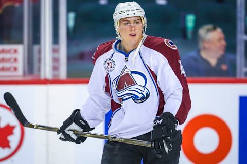 Mar 18, 2016; Calgary, Alberta, CAN; Colorado Avalanche defenseman Tyson Barrie (4) controls the puck during the warmup period against the Calgary Flames at Scotiabank Saddledome. Mandatory Credit: Sergei Belski-USA TODAY Sports