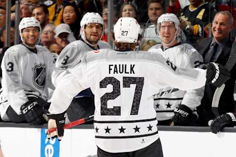 LOS ANGELES, CA – JANUARY 29: Justin Faulk LOS ANGELES, CA – JANUARY 29: Justin Faulk #27 of the Carolina Hurricanes celebrates with teammates after scoring a goal during the 2017 Honda NHL All-Star Tournament Final between the Pacific Division All-Stars and the Metropolitan Division All-Stars at Staples Center on January 29, 2017 in Los Angeles, California. (Photo by Bruce Bennett/Getty Images)