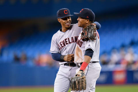 TORONTO, ON – SEPTEMBER 07: Cleveland Indians Shortstop Francisco Lindor (L) talks with Cleveland Indians Third base Jose Ramirez (R) during the MLB regular season game between the Toronto Blue Jays and the Cleveland Indians on September 7, 2018, at Rogers Centre in Toronto, ON, Canada. (Photo by Julian Avram/Icon Sportswire via Getty Images)