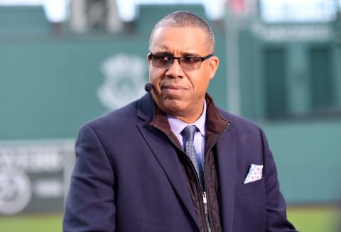 Oct 5, 2021; Boston, Massachusetts, USA; Former major league player Eduardo Perez speaks to his ESPN colleagues prior to a wild card game between the Boston Red Sox and New York Yankees at TD Garden. Mandatory Credit: Bob DeChiara-USA TODAY Sports