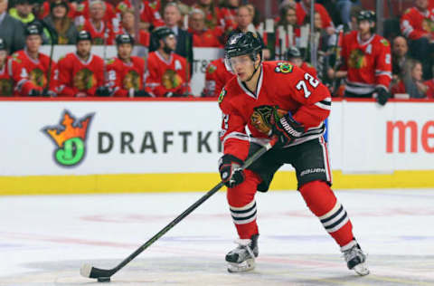 Mar 3, 2017; Chicago, IL, USA; Chicago Blackhawks left wing Artemi Panarin (72) skates with the puck during the first period against the New York Islanders at the United Center. Mandatory Credit: Dennis Wierzbicki-USA TODAY Sports