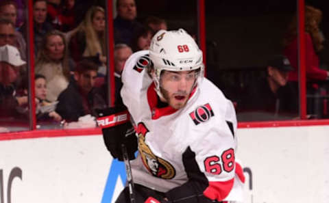 RALEIGH, NC – MARCH 26: Mike Hoffman #68 of the Ottawa Senators brings the puck around the net during an NHL game on March 26, 2016 at PNC Arena in Raleigh, North Carolina. (Photo by Phil Ellsworth/NHLI via Getty Images)