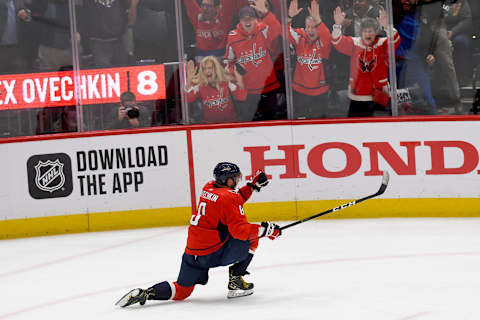 WASHINGTON, DC -FEBRUARY 4:Washington Capitals left wing Alex Ovechkin (8) celebrates the second of his three goals in the third period at Capital One Arena February 04, 2020 in Washington, DC. The Washington Capitals beat the Los Angeles Kings 4-2 with help from a hat trick from Washington Capitals left wing Alex Ovechkin (8) in the third period.(Photo by Katherine Frey/The Washington Post via Getty Images)