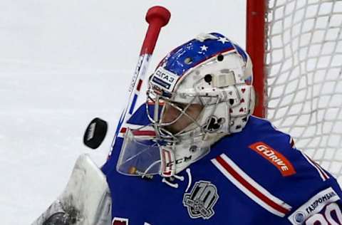 ST PETERSBURG, RUSSIA – OCTOBER 15, 2017: SKA St Petersburg’s goaltender Igor Shestyorkin in the 2017/2018 Kontinental Hockey League Regular Season ice hockey match between SKA St Petersburg and Ak Bars Kazan at Ledovy Dvorets (Ice Palace) Arena. Alexander Demianchuk/TASS (Photo by Alexander DemianchukTASS via Getty Images)