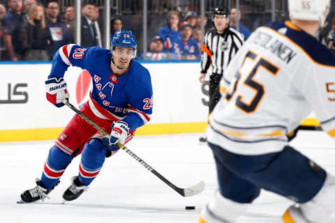 NEW YORK, NY – FEBRUARY 07: Chris Kreider #20 of the New York Rangers skates with the puck against Rasmus Ristolainen #55 of the Buffalo Sabres at Madison Square Garden on February 7, 2020 in New York City. (Photo by Jared Silber/NHLI via Getty Images)