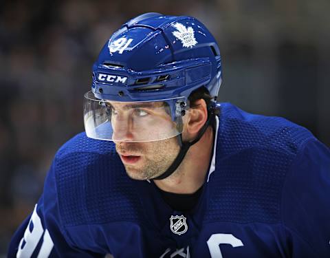 TORONTO, ON – FEBRUARY 11: John Tavares #91 of the Toronto Maple Leafs waits for a faceoff against the Arizona Coyotes during an NHL game at Scotiabank Arena on February 11, 2020 in Toronto, Ontario, Canada. The Maple Leafs defeated the Coyotes 3-2 in overtime. (Photo by Claus Andersen/Getty Images)