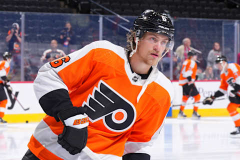 Travis Sanheim warms up for the Flyers ahead of a game against the Penguins. (Photo by Mitchell Leff/Getty Images)