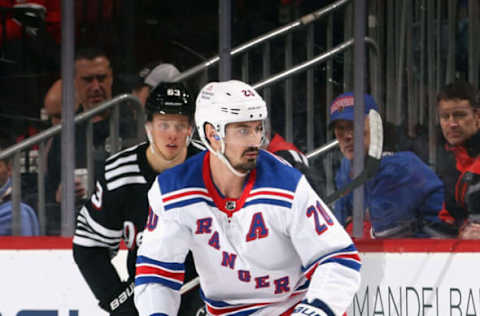 NEWARK, NEW JERSEY – MARCH 30: Chris Kreider #20 of the New York Rangers plays against the New Jersey Devils at the Prudential Center on March 30, 2023, in Newark, New Jersey. (Photo by Bruce Bennett/Getty Images)