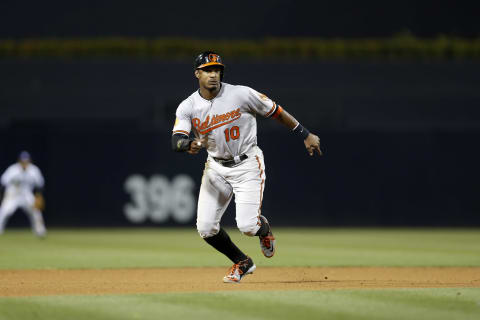 SAN DIEGO, CA – AUGUST 06: Adam Jones #10 of the Baltimore Orioles runs during the game against the San Diego Padres at Petco Park on August 6, 2013 in San Diego, California. The Orioles defeated the Padres 4-1. (Photo by Rob Leiter/MLB Photos via Getty Images)