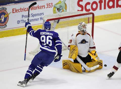 TORONTO, ON- MAY 3 – Newly signed Toronto Marlies forward Egor Korshkov (96) scores his first AHL goal getting the puck past Cleveland Monsters goaltender Brad Thiessen (39) in the second period as the Toronto Marlies play the Cleveland Monsters in game two of their second round Calder Cup play-off series at Coca-Cola Coliseum in Toronto. May 3, 2019. (Steve Russell/Toronto Star via Getty Images)